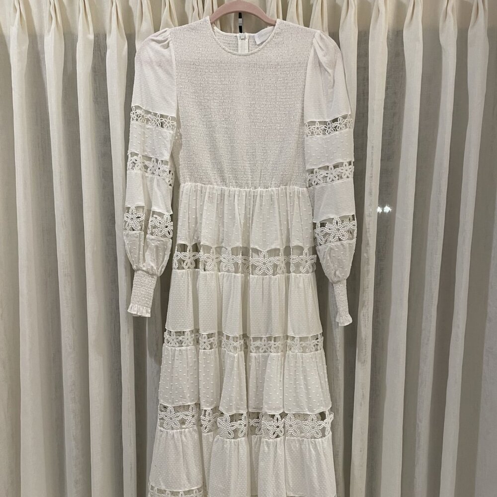 ZIMMERMANN Primrose Daisy Smocked Crochet-Trimmed Cotton-Voile Midi Dress Size 0